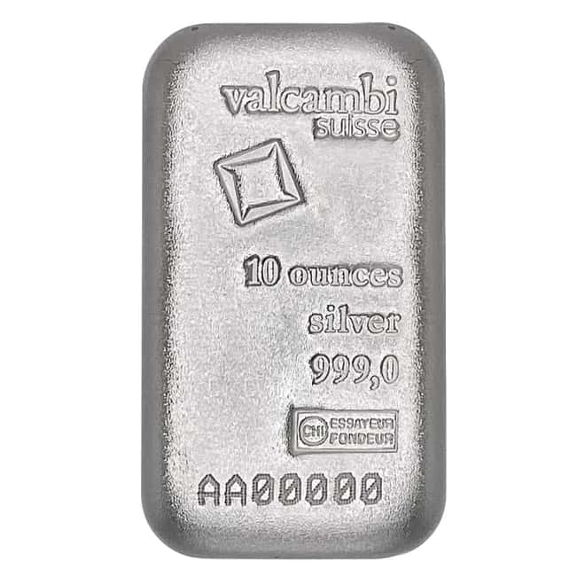 Box of 50 - 10 oz Valcambi Suisse Cast Silver Bar .999 Fine (w/Assay)