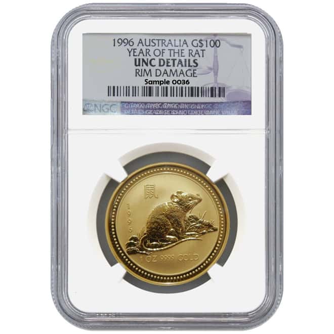 1996 1 oz Gold Lunar Year of the Rat Perth Mint (Series I) NGC UNC Details