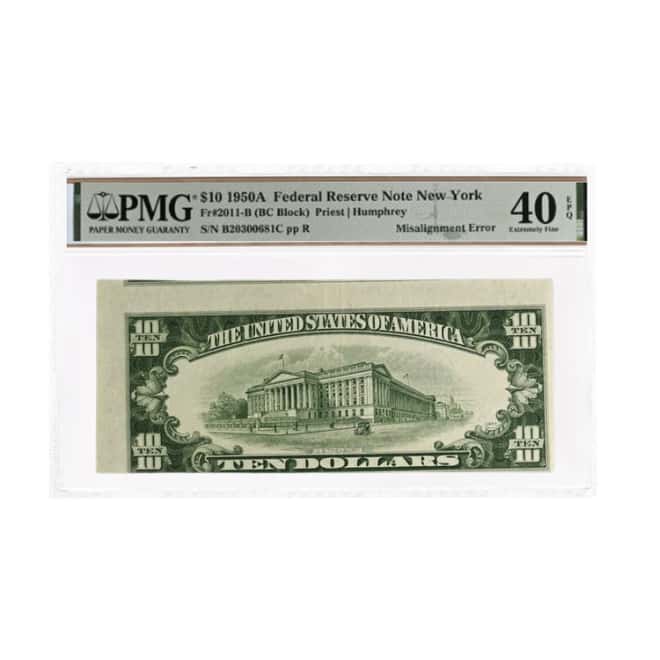 1950 A $10 Federal Reserve Note New York PMG XF 40 EPQ (Misaligned)