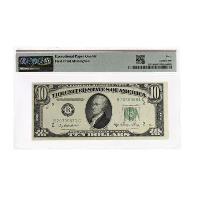 1950 A $10 Federal Reserve Note New York PMG XF 40 EPQ Misaligned