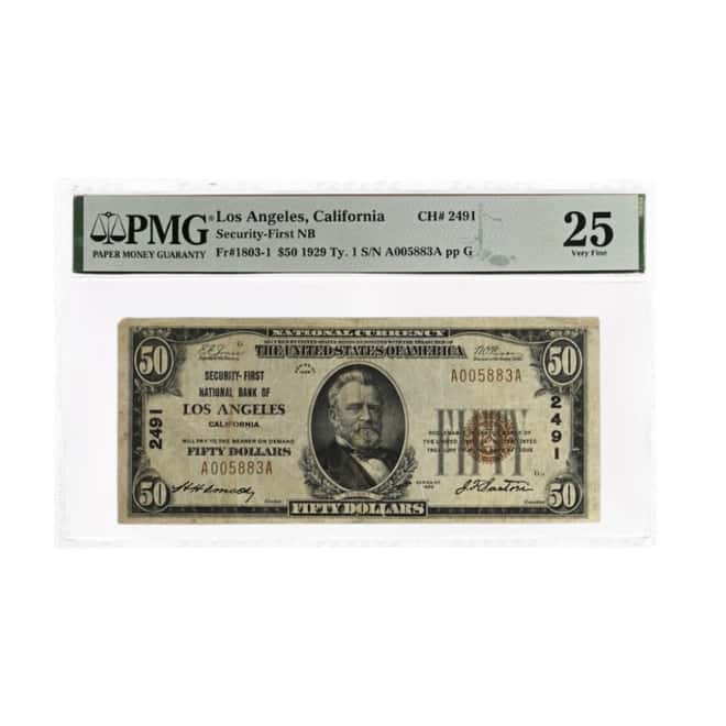 1929 $50 National Currency Note Los Angeles, CA PMG VF 25
