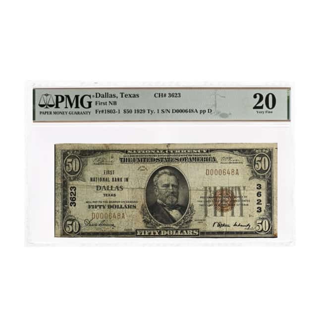 1929 $50 National Currency Note Dallas, TX PMG VF 20