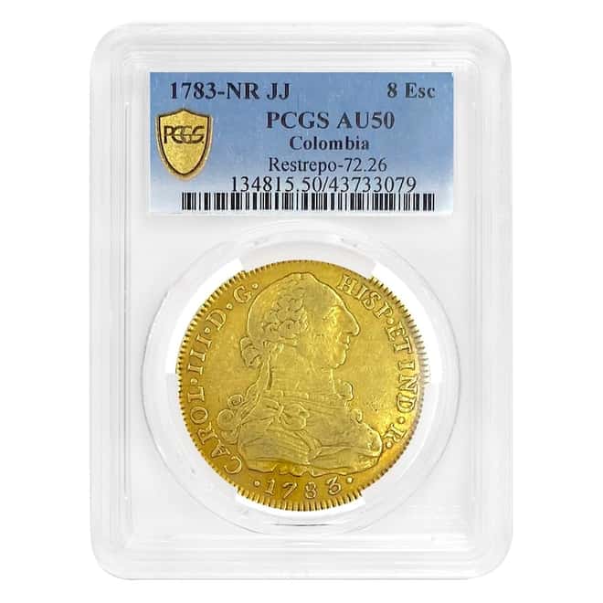 1783-NR JJ Colombia 8 Escudos Charles III Gold Coin PCGS AU 50