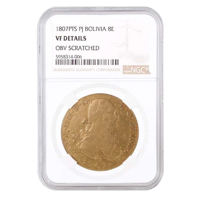 1807 PJ Bolivia 8 Escudos Charles IV Gold Coin NGC VF Details