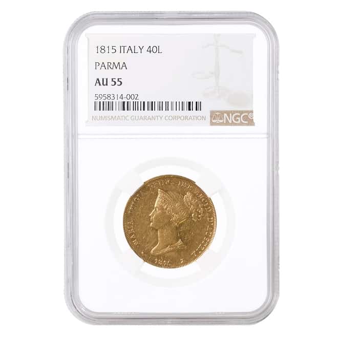 1815 Italian States Parma Gold 40 Lire Maria Luigia NGC AU 55