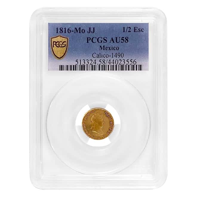 1816 JJ Mexico 1/2 Escudo Ferdinand VII Gold Coin PCGS AU 58