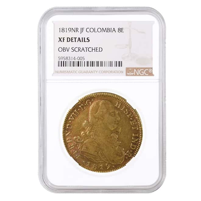 1819 NR JF Colombia 8 Escudos Ferdinand VII Gold Coin NGC XF Details
