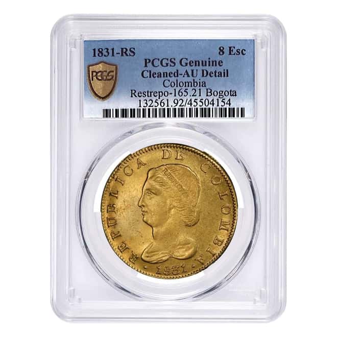 1831-RS Colombia 8 Escudos Gold Coin PCGS AU Detail