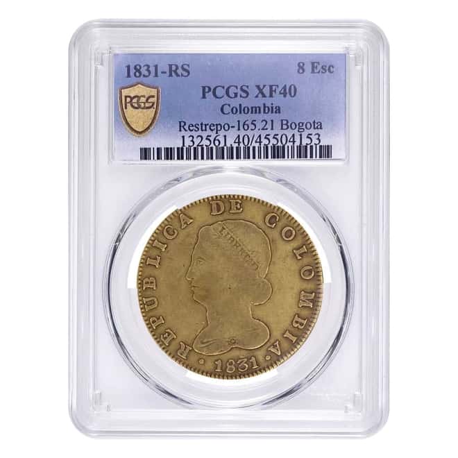 1831-RS Colombia 8 Escudos Gold Coin PCGS XF 40