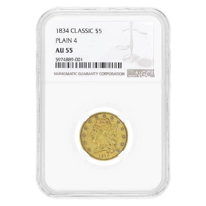 1834 $5 Plain 4 Classic Head Half Eagle Gold Coin NGC AU 55