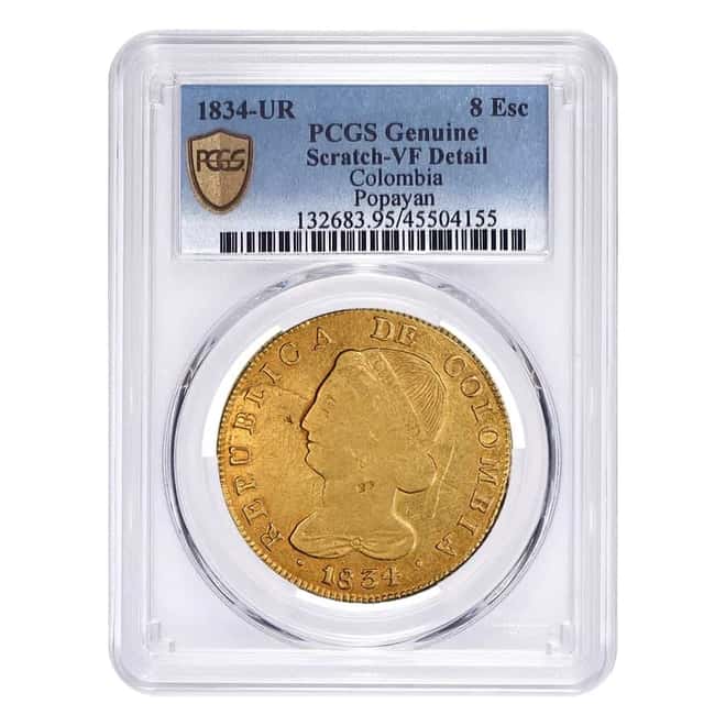 1834-UR Colombia 8 Escudos Gold Coin PCGS VF Detail