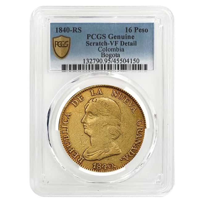 1840-RS Colombia 16 Pesos Gold Coin PCGS VF Detail