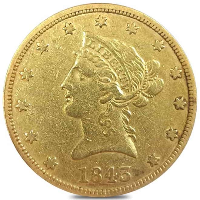 1843 $10 Liberty Head Eagle Gold Coin XF Details (Cleaned)