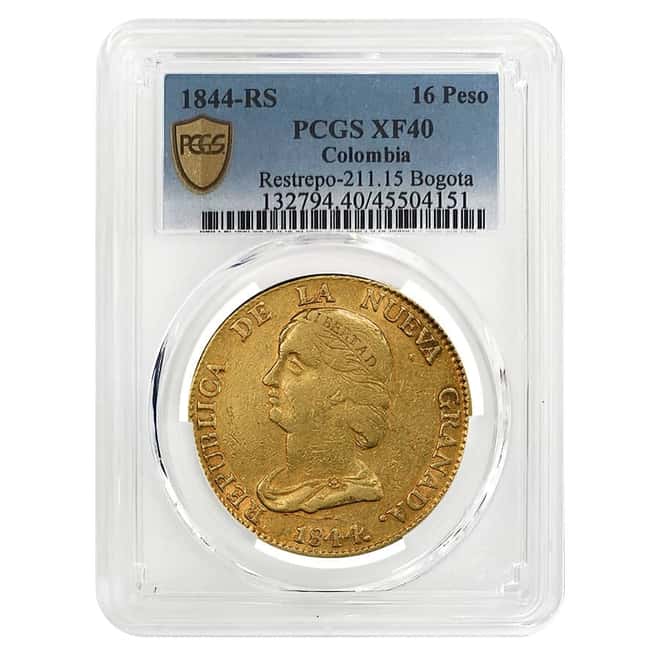 1844-RS Colombia 16 Pesos Gold Coin PCGS XF 40