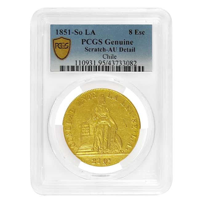 1851-LA Chile 8 Escudos Gold Coin PCGS Genuine AU Detail