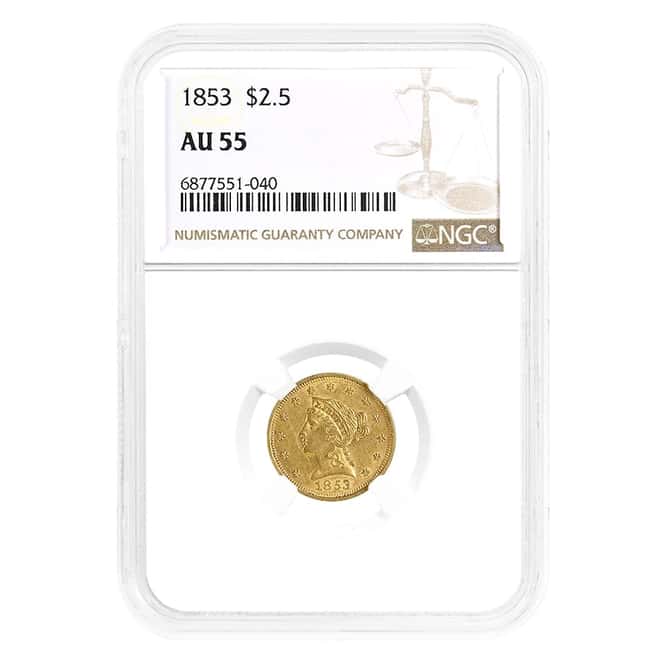 1853 $2.5 Liberty Head Quarter Eagle Gold Coin NGC AU 55