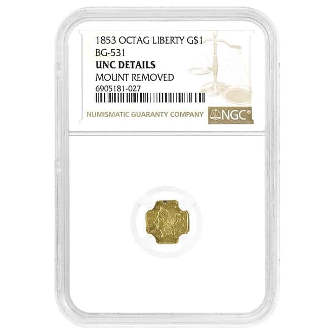 1853 California Gold Liberty Head Octagonal $1 BG-531 NGC UNC Details