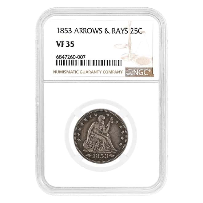1853 Seated Liberty Silver Quarter Dollar 25C Arrows & Rays NGC VF 35