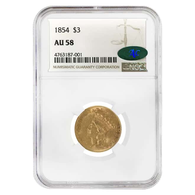 1854 $3 Gold Indian Princess Head NGC AU 58 CAC