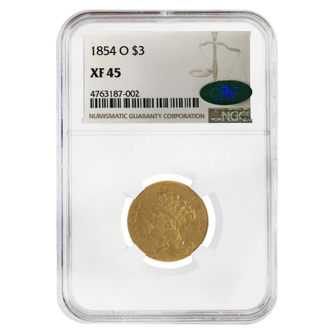 1854 O $3 Gold Indian Princess Head NGC XF 45 CAC