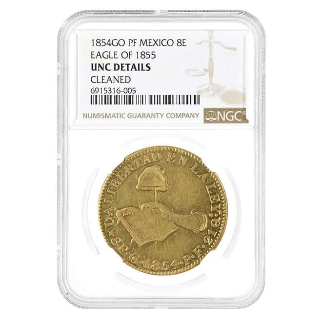 1854GO PF Mexico 8 Escudos Eagle of 1855 Gold Coin NGC UNC Details