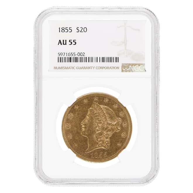 1855 $20 Liberty Head Double Eagle Gold Coin NGC AU 55