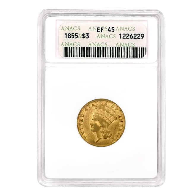 1855 $3 Indian Princess Head Gold Coin ANACS XF 45 Soapbox Holder
