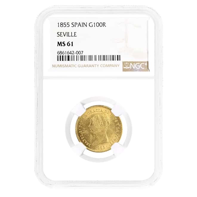 1855 Spain Seville 100 Reales Isabel II Gold Coin NGC MS 61