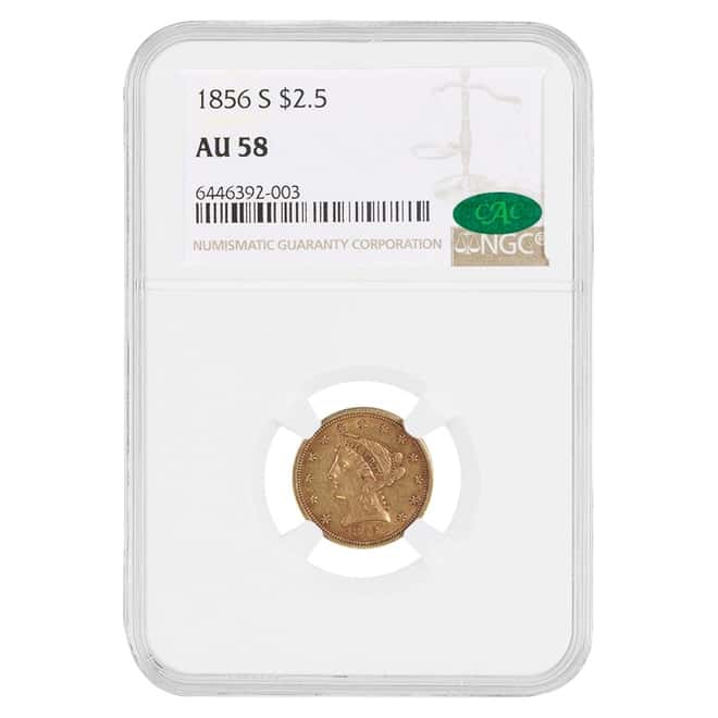 1856-S $2.5 Liberty Head Quarter Eagle Gold Coin NGC AU 58 CAC