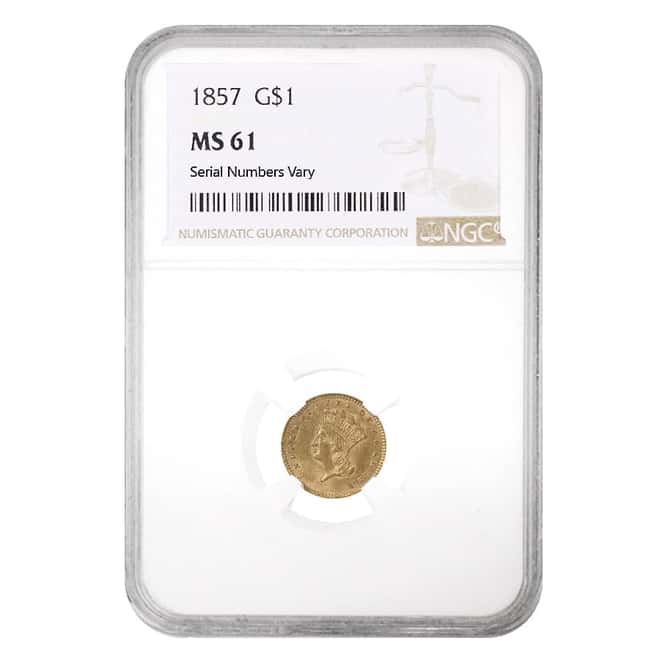1857 $1 Gold Indian Princess Head Type 3 NGC MS 61