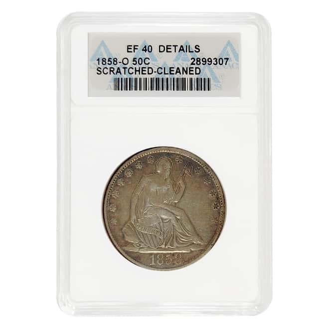 1858-O Seated Liberty Silver Half Dollar 50C ANACS XF 40 Details (Soapbox Holder)