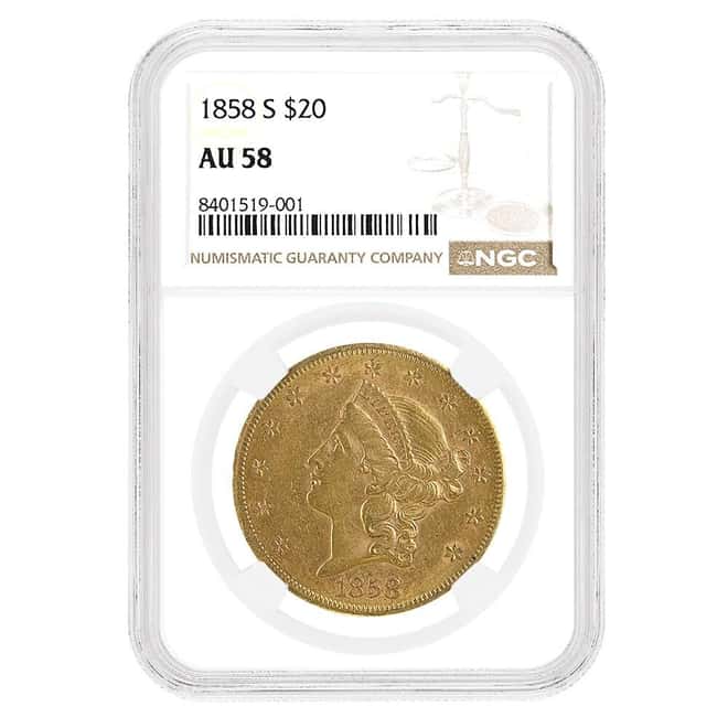 1858-S $20 Liberty Head Double Eagle Gold Coin NGC AU 58