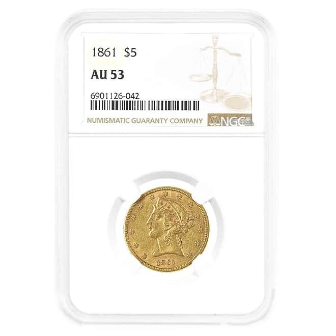 1861 $5 Liberty Head Half Eagle Gold Coin NGC AU 53