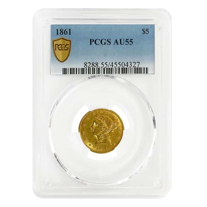 1861 $5 Liberty Head Half Eagle Gold Coin PCGS AU 55