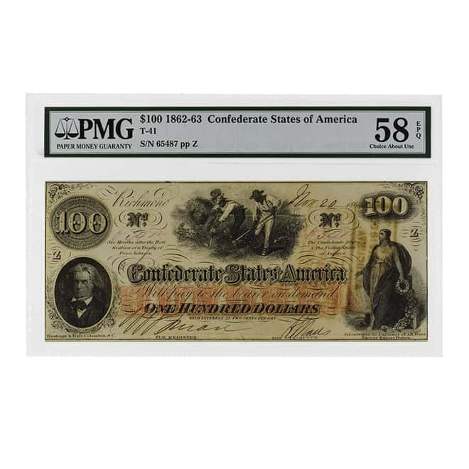 1862-1863 $100 Confederate States of America Currency Note PMG AU 58 EPQ
