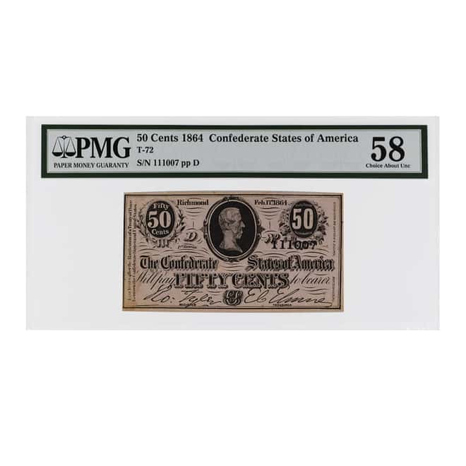 1864 50 Cents Confederate States of America Currency Note PMG AU 58