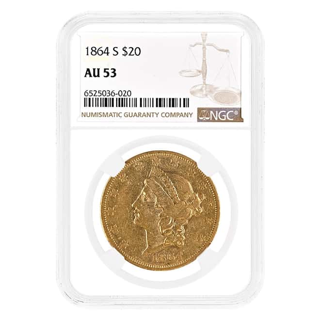 1864 S $20 Liberty Head Double Eagle Gold Coin NGC AU 53