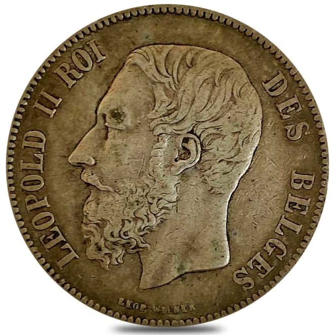 1865-1876 Belgium 5 Francs Silver Coin Avg Circ ASW .7234 oz (Random Year)
