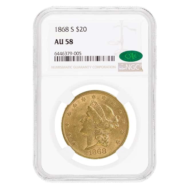 1868-S $20 Liberty Head Double Eagle Gold Coin NGC AU 58 CAC