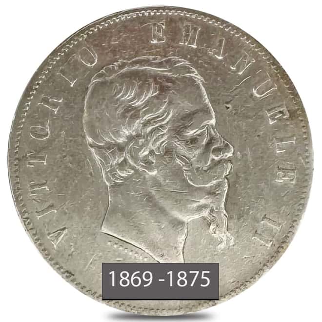 1869-1875 Italy 5 Lire Silver Coin Avg Circ (Random Year)