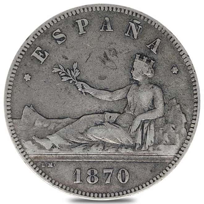 1870 Spain 5 Pesetas Silver Coin Avg Circ ASW 0.7234 oz