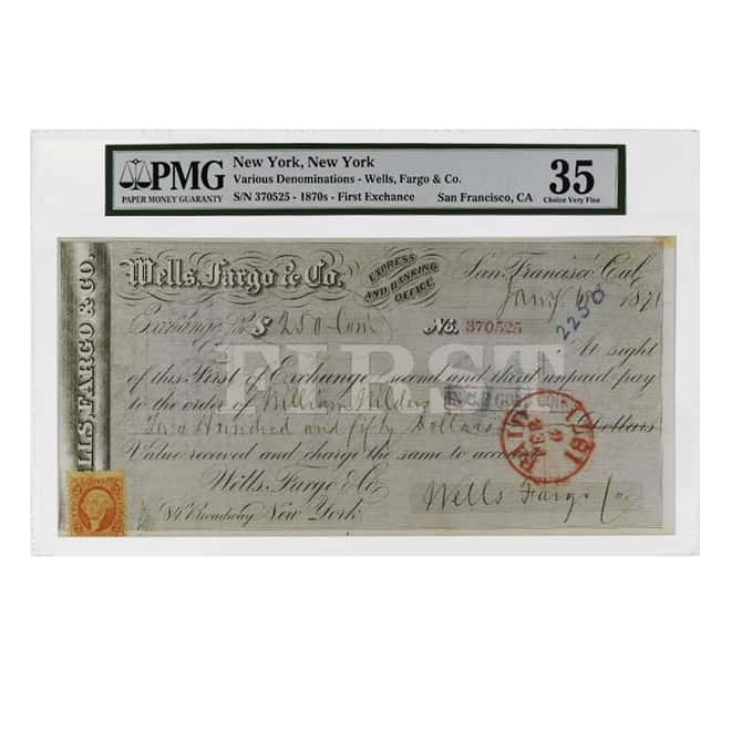 1870s First Exchange Wells Fargo & Co Various Denominations Note PMG VF 35