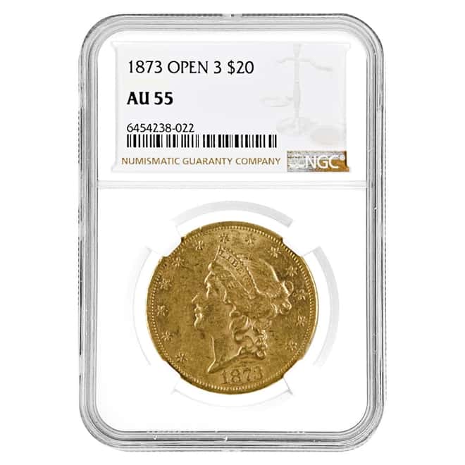 1873 $20 Open 3 Liberty Head Double Eagle Gold Coin NGC AU 55