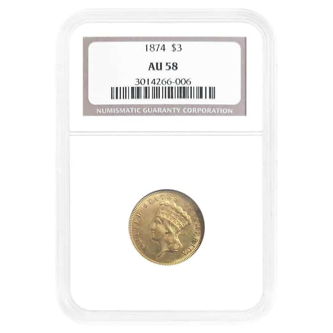 1874 $3 Indian Princess Head Gold Coin NGC AU 58