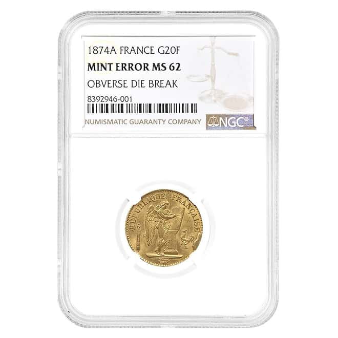 1874-A France 20 Francs Lucky Angel Gold Coin NGC MS 62 Mint Error Obverse Die Break