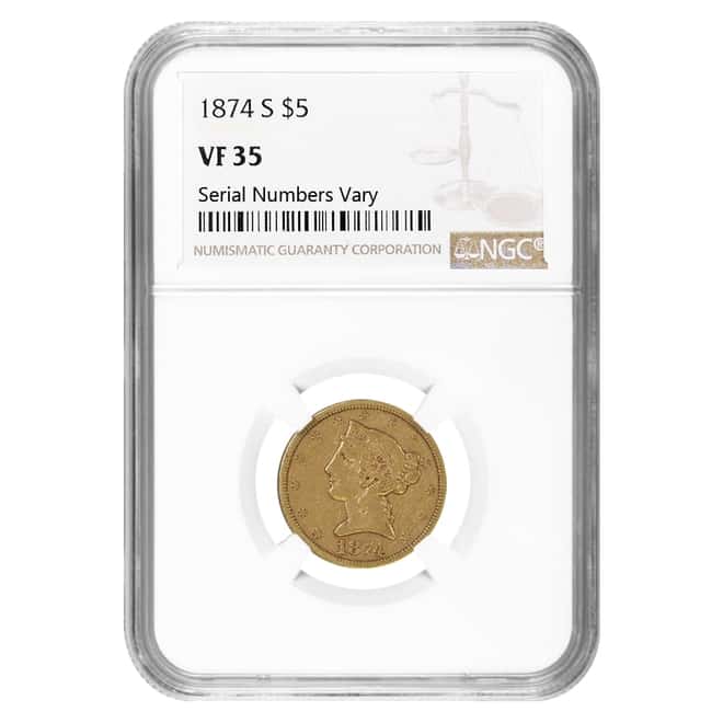 1874 S $5 Liberty Head Half Eagle Gold Coin NGC VF 35