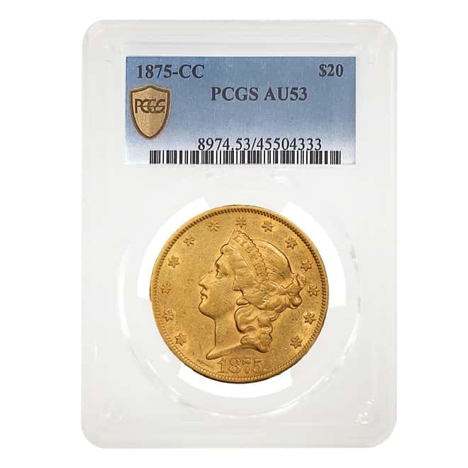 1875-CC $20 Liberty Head Double Eagle Gold Coin PCGS AU 53