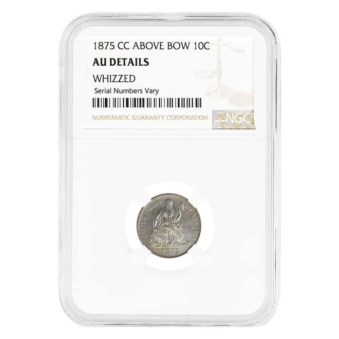 1875 CC Seated Liberty Silver Dime 10C Above Bow NGC AU Details