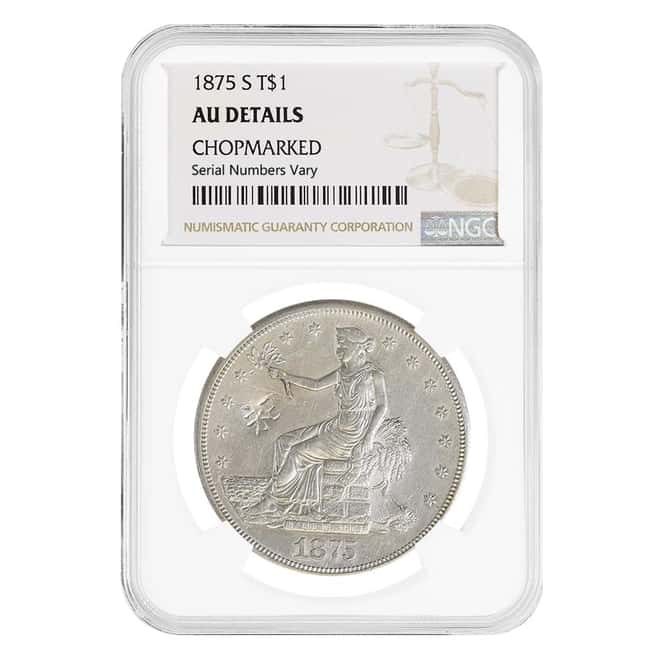 1875 S Silver Trade Dollar $1 Coin NGC AU Details (Chopmarked)