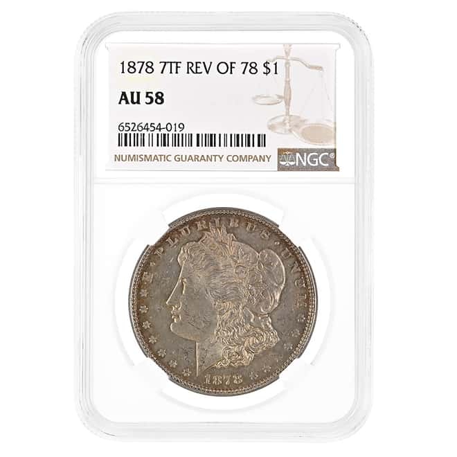 1878 Morgan Silver Dollar 7 Tailfeathers Reverse of 78 NGC AU 58